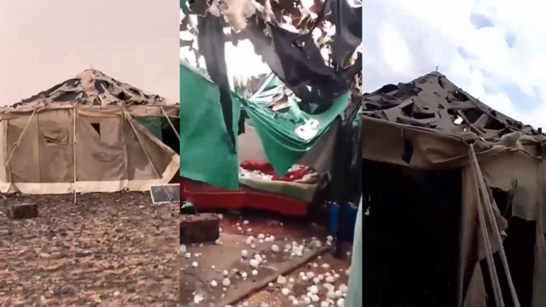 السعودية/ حبات برد بأحجام كبيرة تخترق الخيام وتهشم السيارات (فيديو)